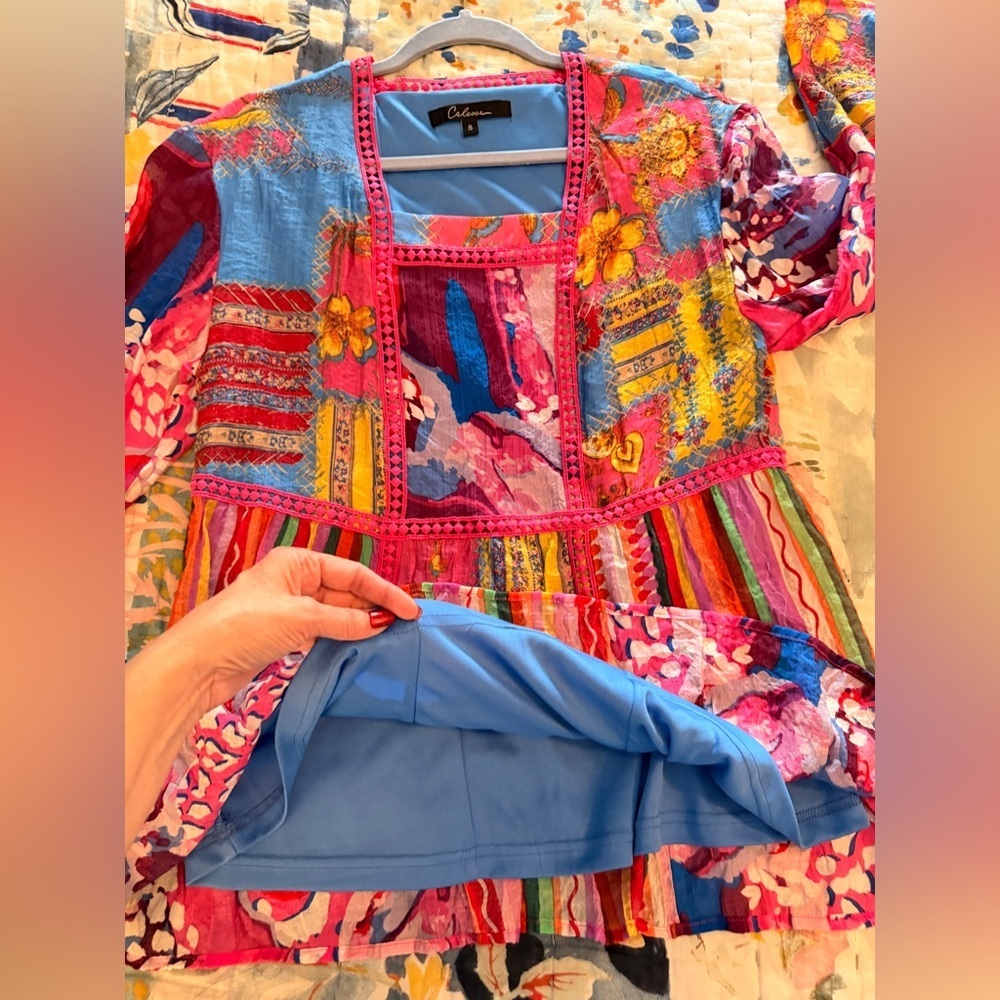 CALESSA S Fiesta Patchwork Print Boho Square-Neck 3/4 Bell Cuff Sleeve Blouse - Picture 9 of 13